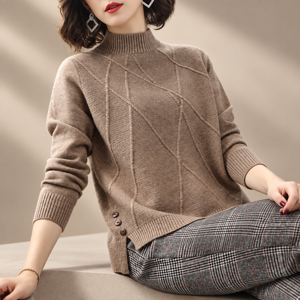 Adeline Textured Mock Neck Knit Sweater – Women’s Long Sleeve Side Button Pullover