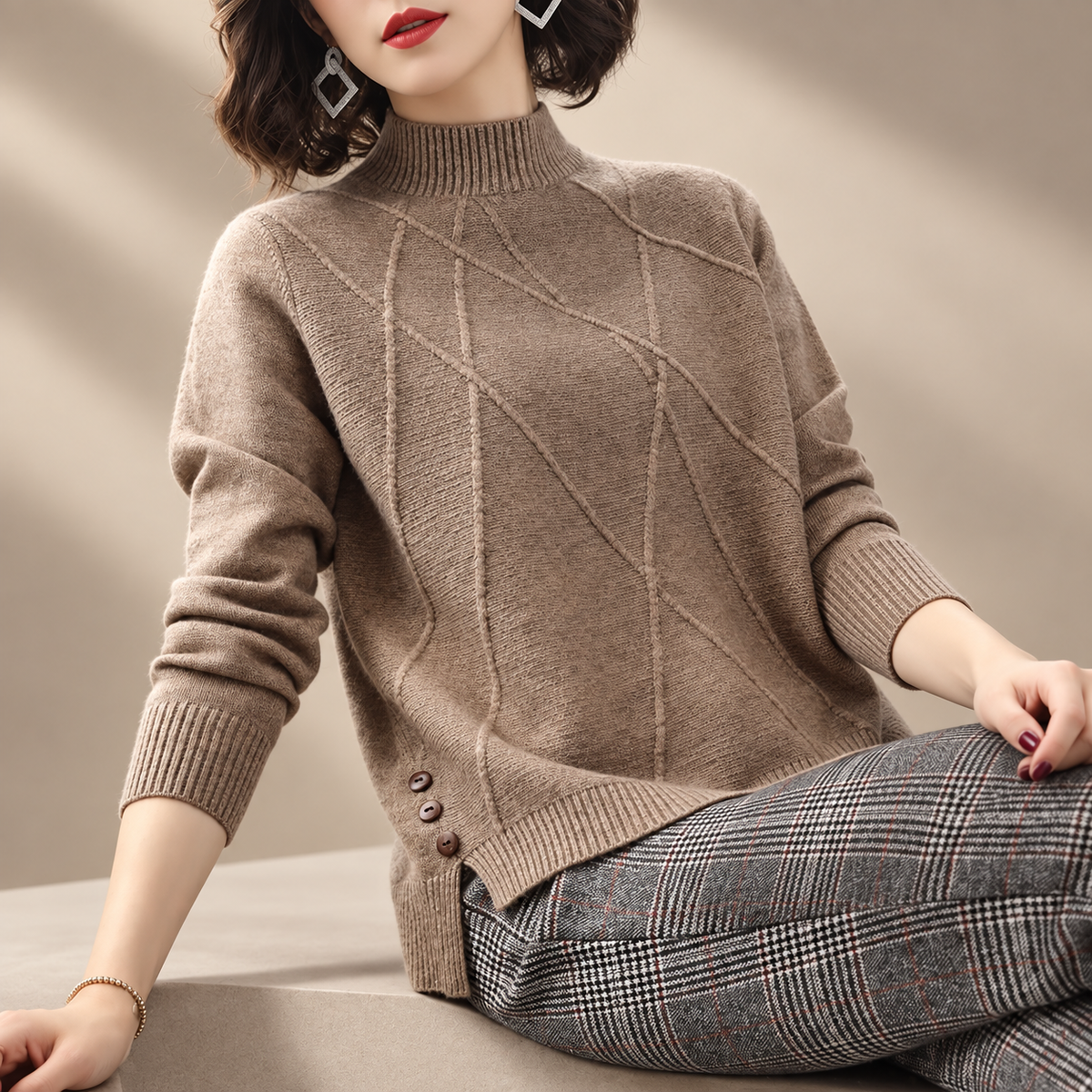 Adeline Textured Mock Neck Knit Sweater – Women’s Long Sleeve Side Button Pullover