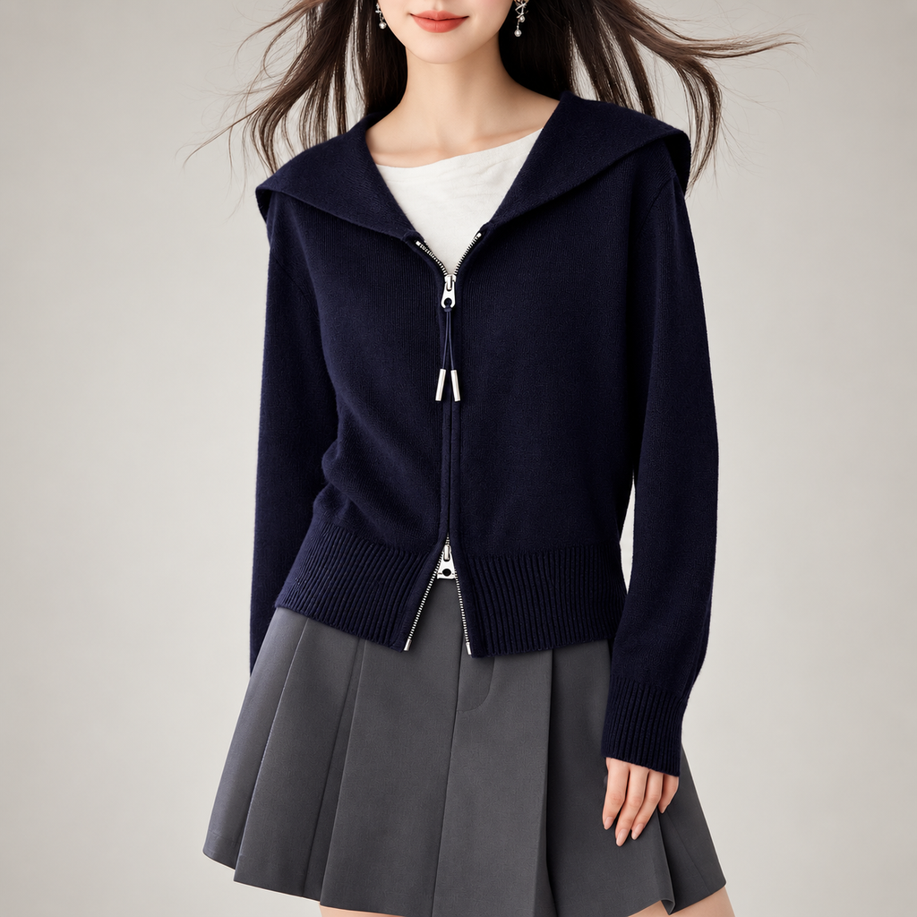 Amelia Navy Sailor Collar Zip Knit Cardigan for Women