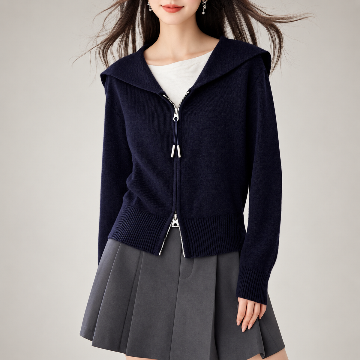 Amelia Navy Sailor Collar Zip Knit Cardigan for Women