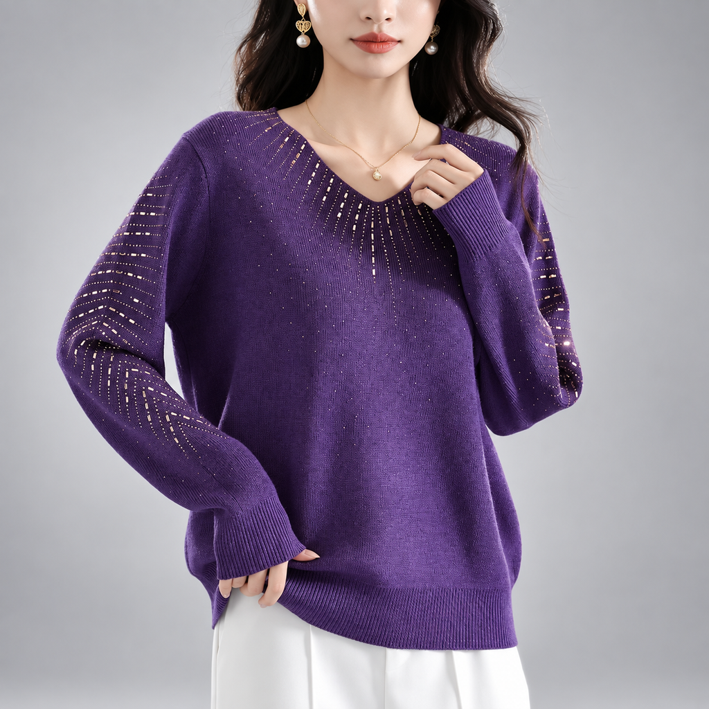 Serafina Women’s V-Neck Embellished Knit Sweater – Long Sleeve Rhinestone Detail Pullover