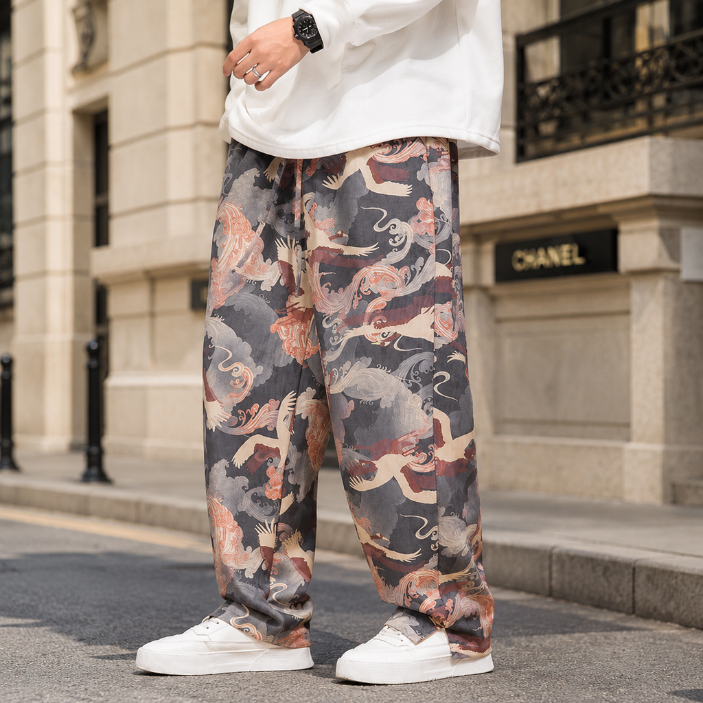 Matteo Men's Relaxed Wide-Leg Crane Print Drawstring Pants