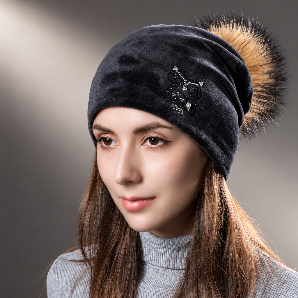 Noelle Women’s Velvet Slouch Pom-Pom Beanie