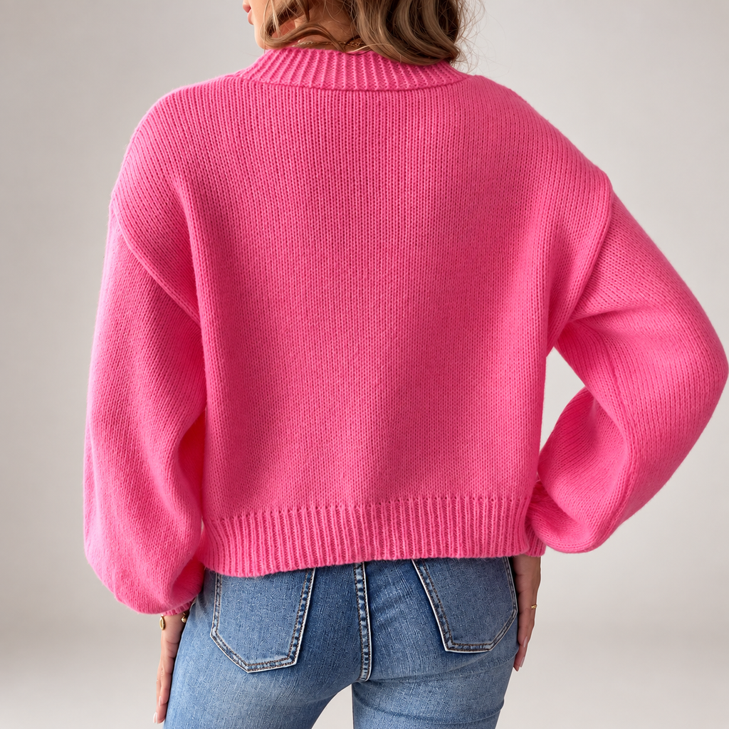 Isabella Women's Pearl-Button V-Neck Knit Cardigan with Balloon Sleeves