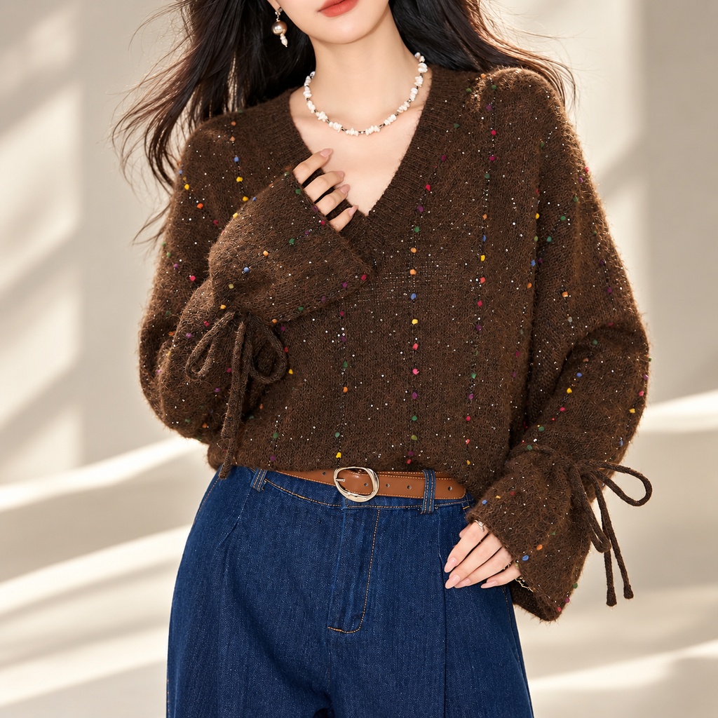 Rosalie Women’s Confetti V-Neck Tie-Cuff Knit Sweater
