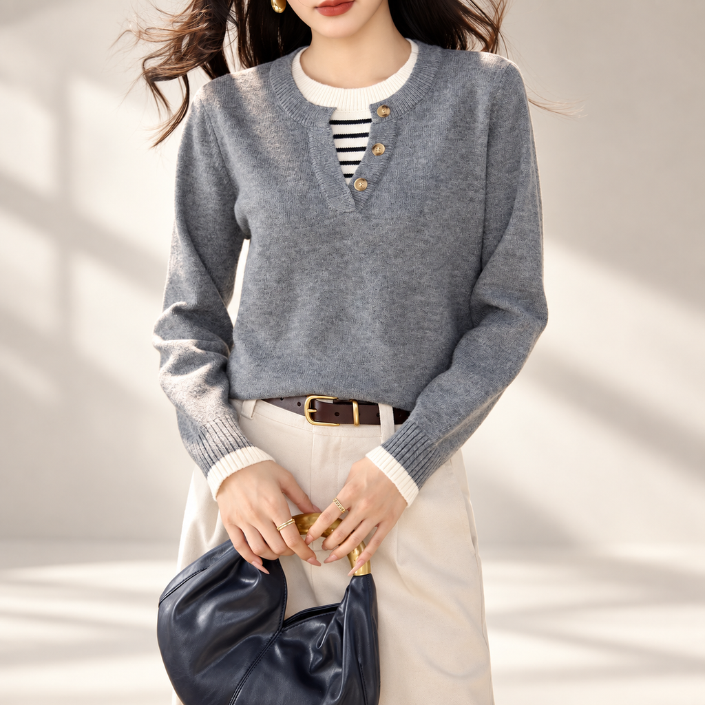Camille Women’s Contrast Trim Button-Placket Knit Sweater