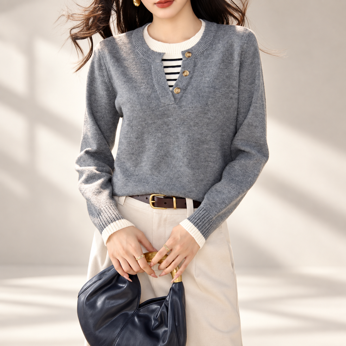 Camille Women’s Contrast Trim Button-Placket Knit Sweater