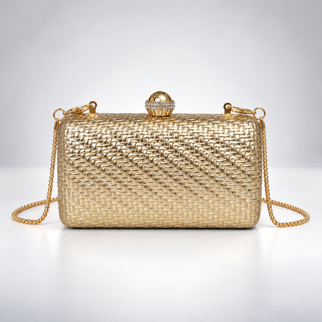 Isabella Metallic Woven Evening Clutch Bag with Gold Chain Strap