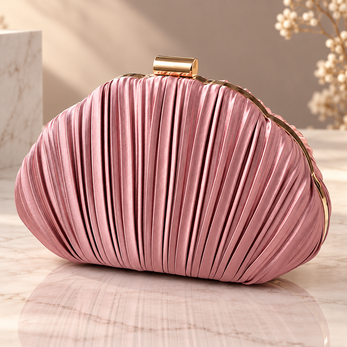 Rosalie Pleated Shell Evening Clutch with Gold Frame