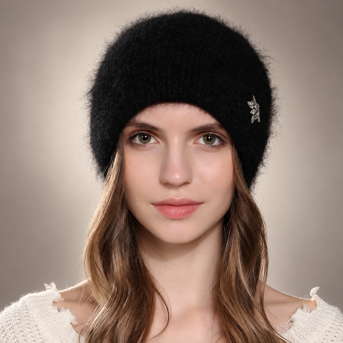 Isabelle Women’s Fuzzy Knit Beanie – Rhinestone Accent Winter Hat