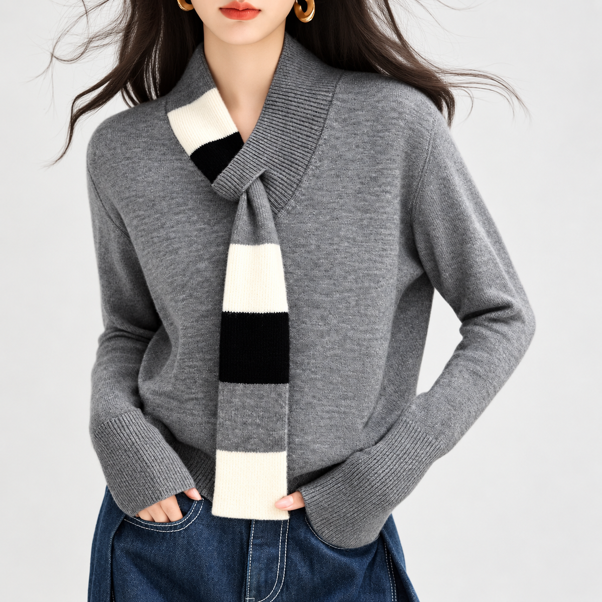 Camille Colorblock Scarf Collar Knit Sweater