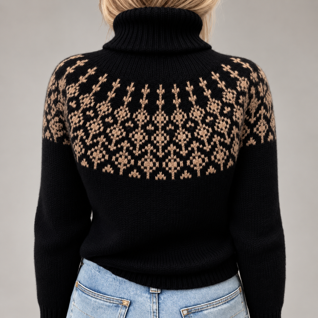 Amelia Women’s Black Fair Isle Turtleneck Knit Sweater