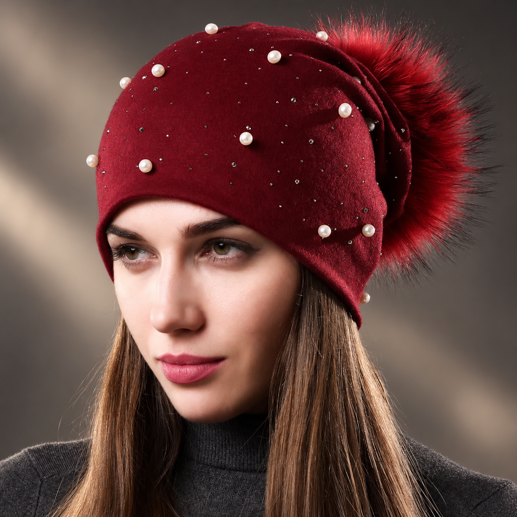 Valentina Pearl Embellished Pom-Pom Beanie – Soft Slouch Winter Hat