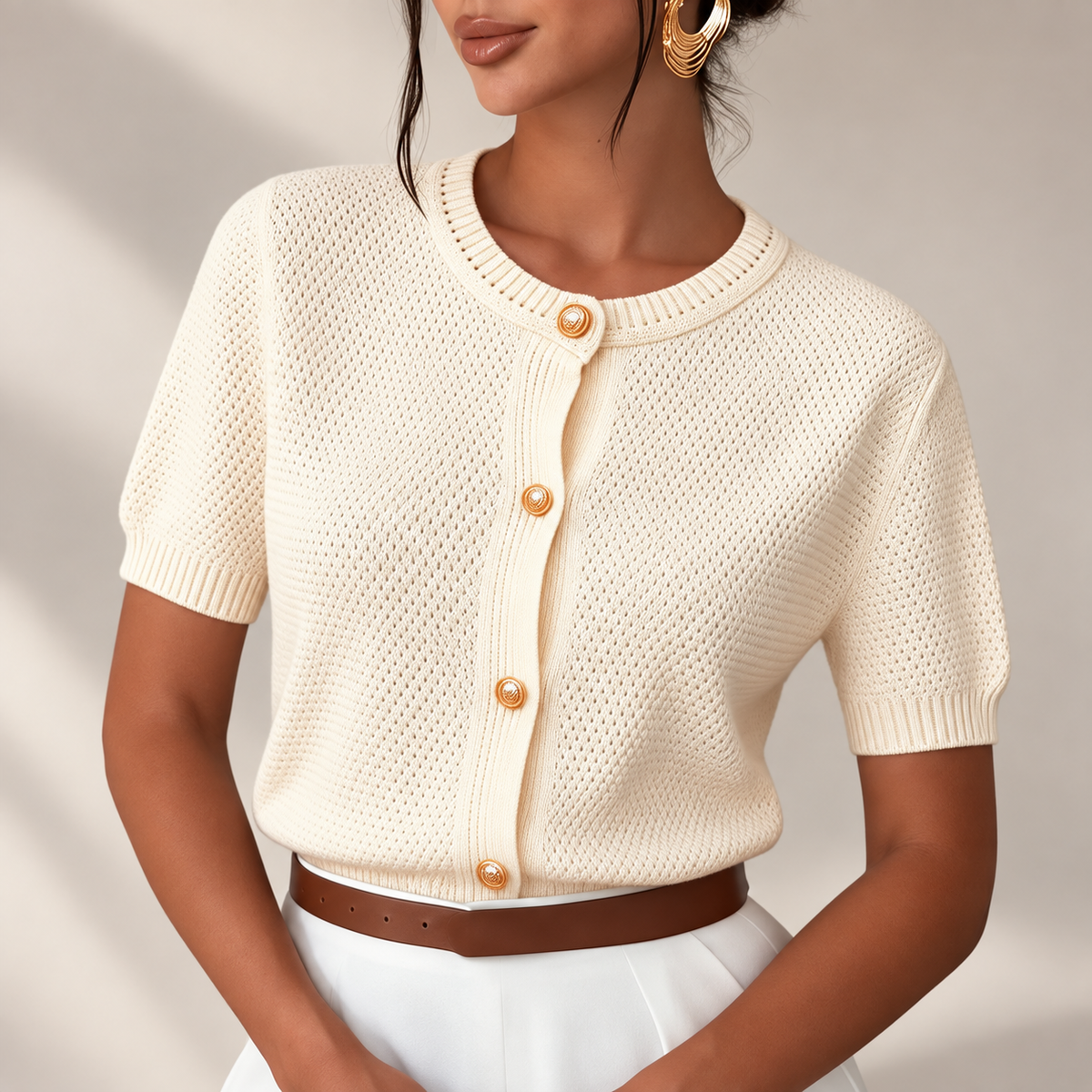 Lucia Women’s Short Sleeve Knit Cardigan with Gold-Tone Buttons