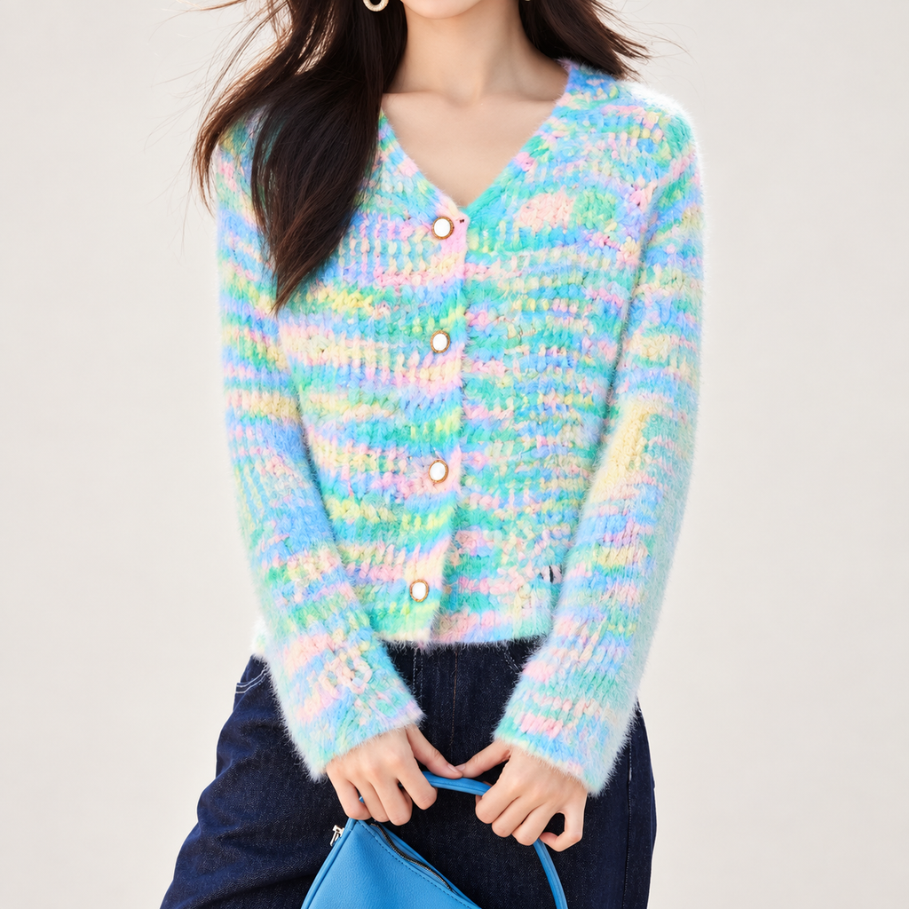 Camille Pastel Fuzzy Knit V-Neck Cardigan for Women