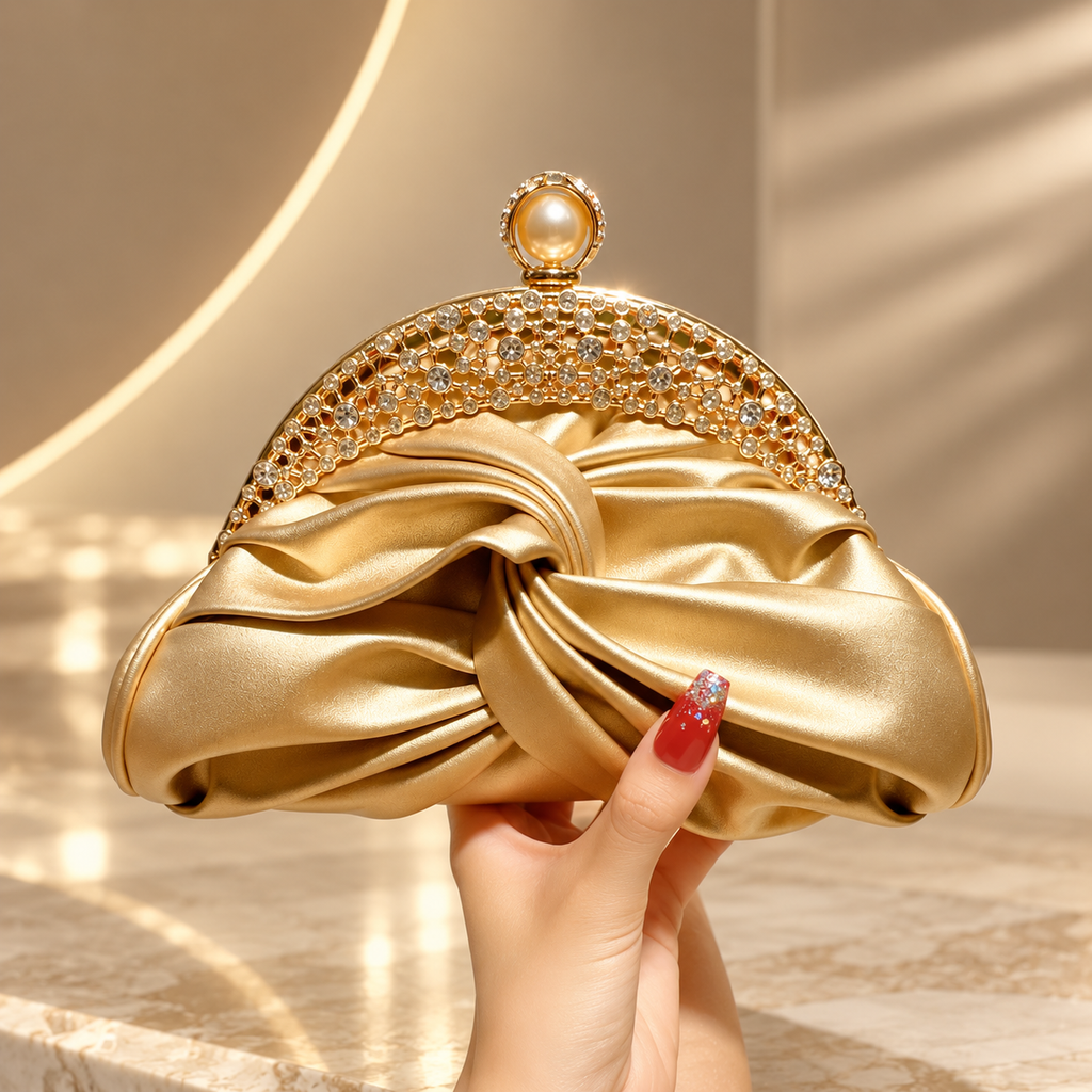 Bianca Ruched Satin Evening Clutch with Crystal Frame & Pearl Clasp