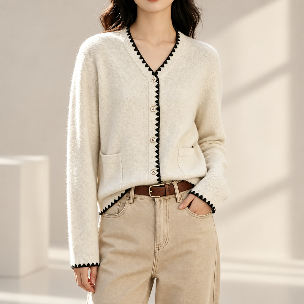 Florence Contrast Trim Knit Cardigan – Ivory V-Neck Button Front Sweater
