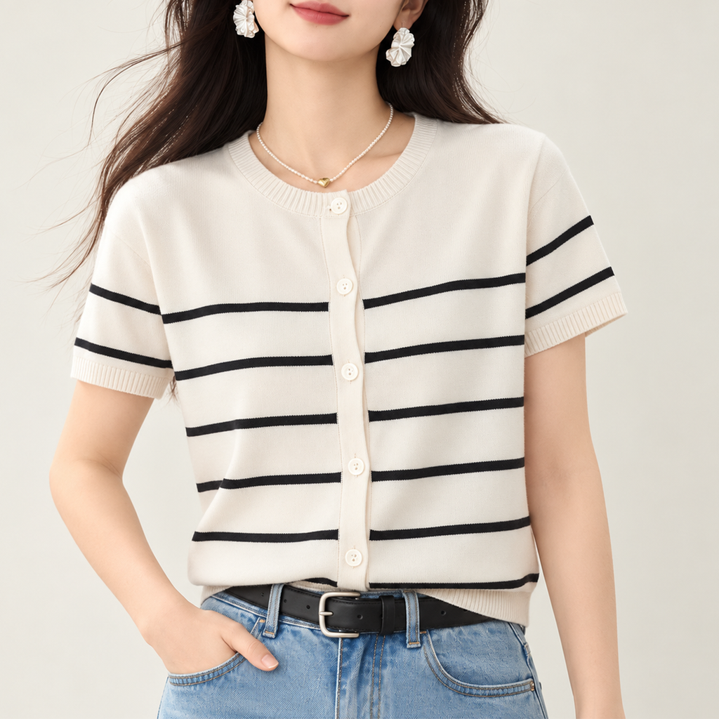 Clara Striped Short Sleeve Knit Cardigan