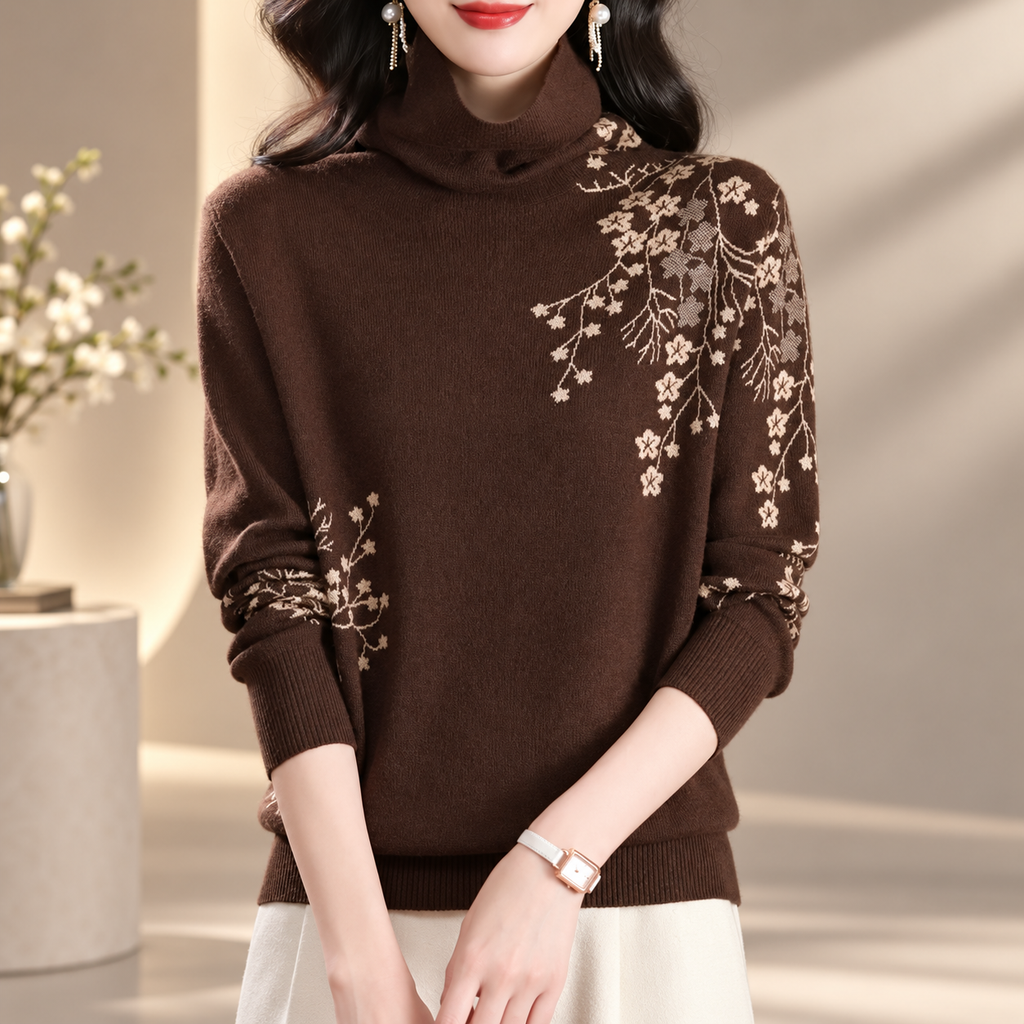Arabella Women's Floral Turtleneck Knit Sweater with Long Sleeves