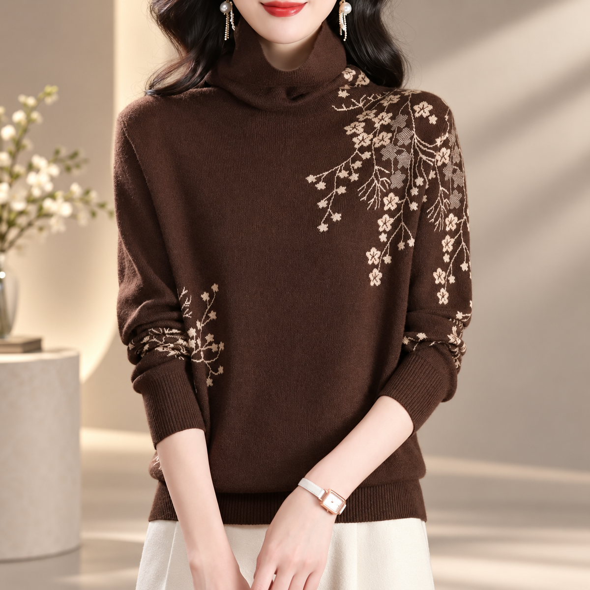 Arabella Women's Floral Turtleneck Knit Sweater with Long Sleeves