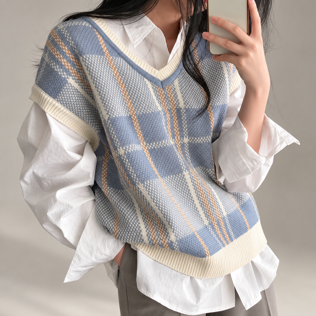 Elodie Women’s Plaid V-Neck Knit Sweater Vest
