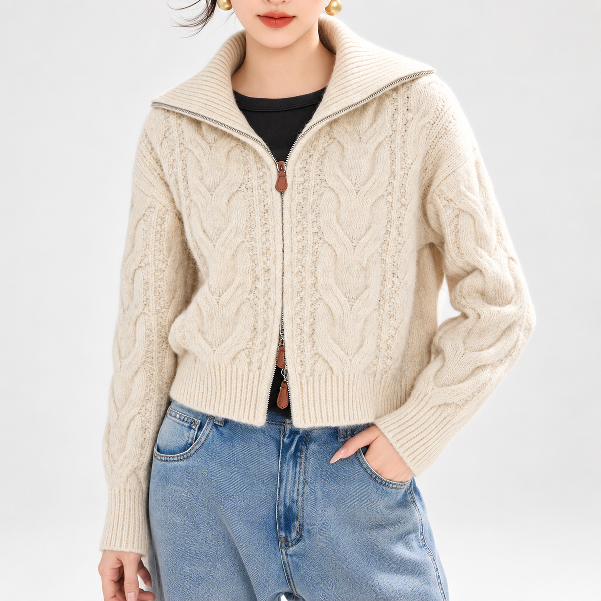Elena Women’s Cable Knit Zip Cardigan with Stand Collar