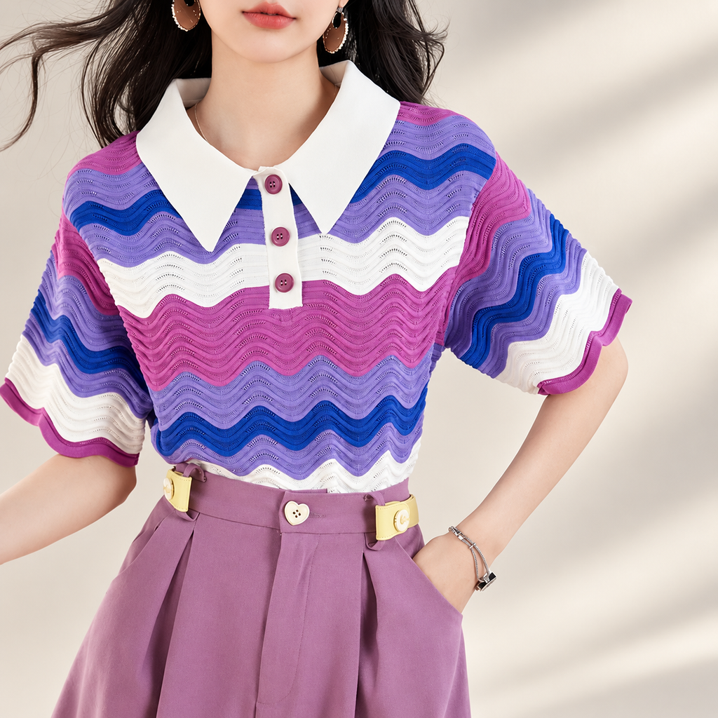Camille Wave-Knit Polo Top