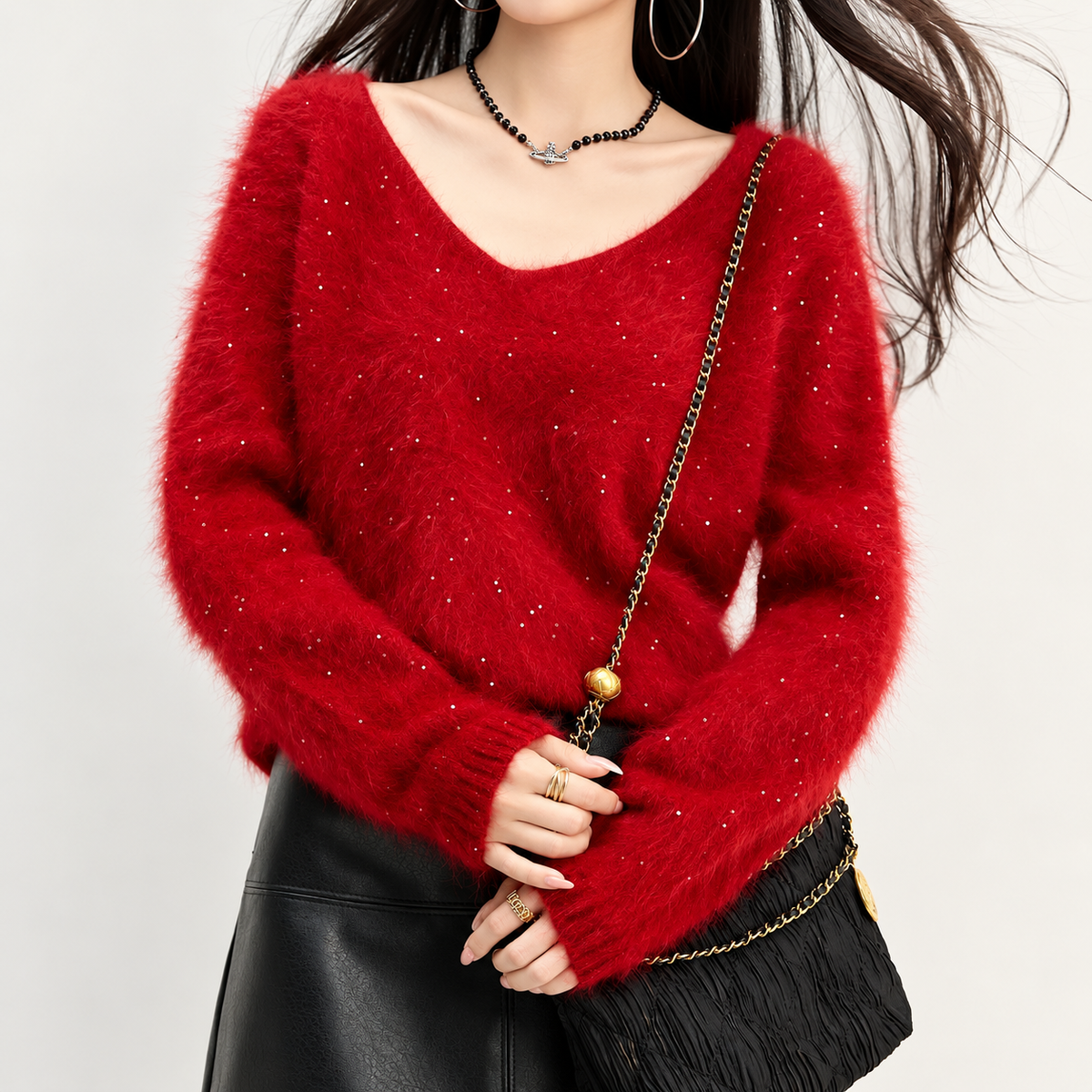Bianca Women’s Red Fuzzy V-Neck Sweater