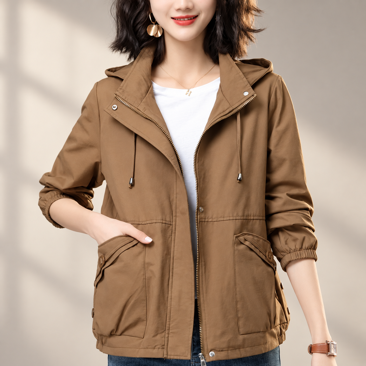 Avery Women’s Hooded Utility Jacket – Zip Front Long Sleeve Casual Coat