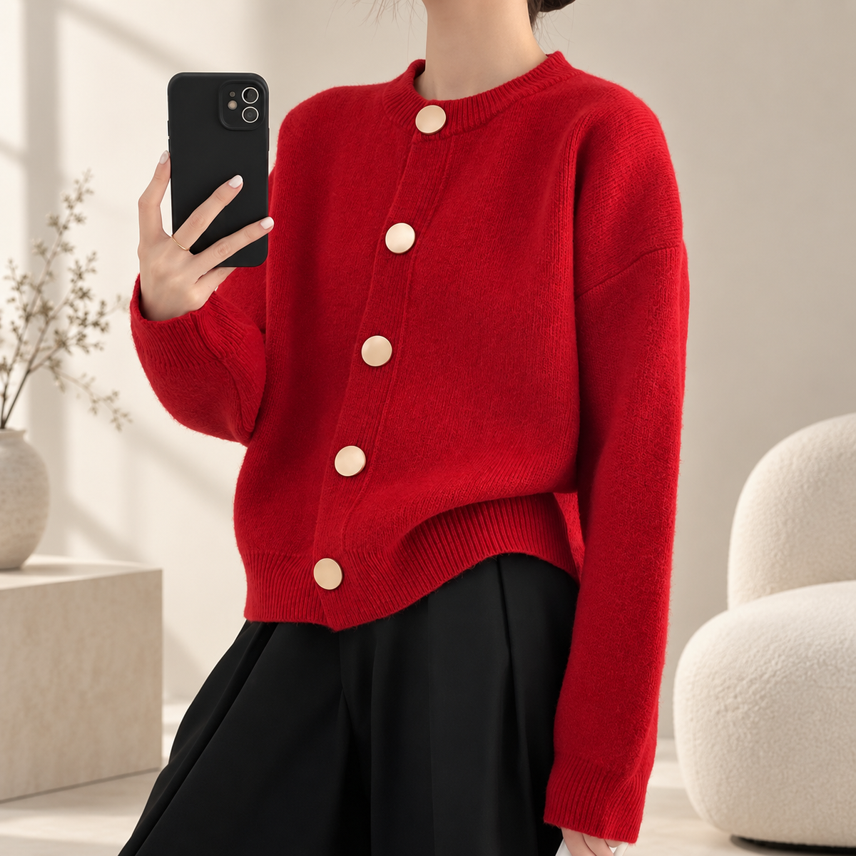 Elena Women's Round Neck Knit Cardigan with Oversized Buttons