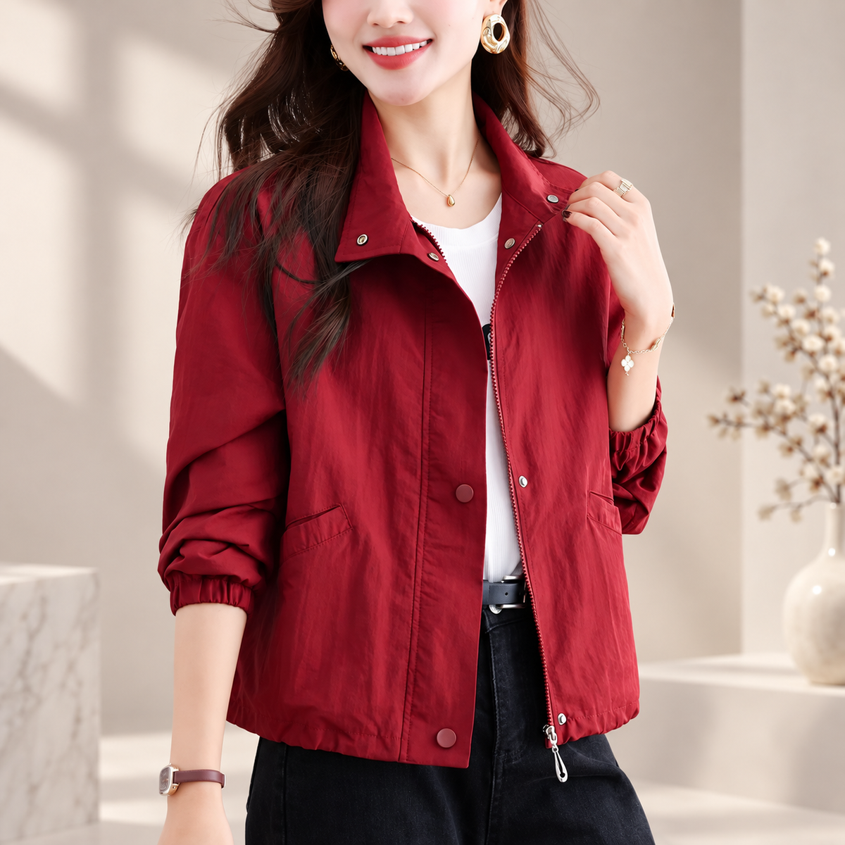 Juliette Women’s Lightweight Zip Front Jacket – Stand Collar Long Sleeve Casual Coat