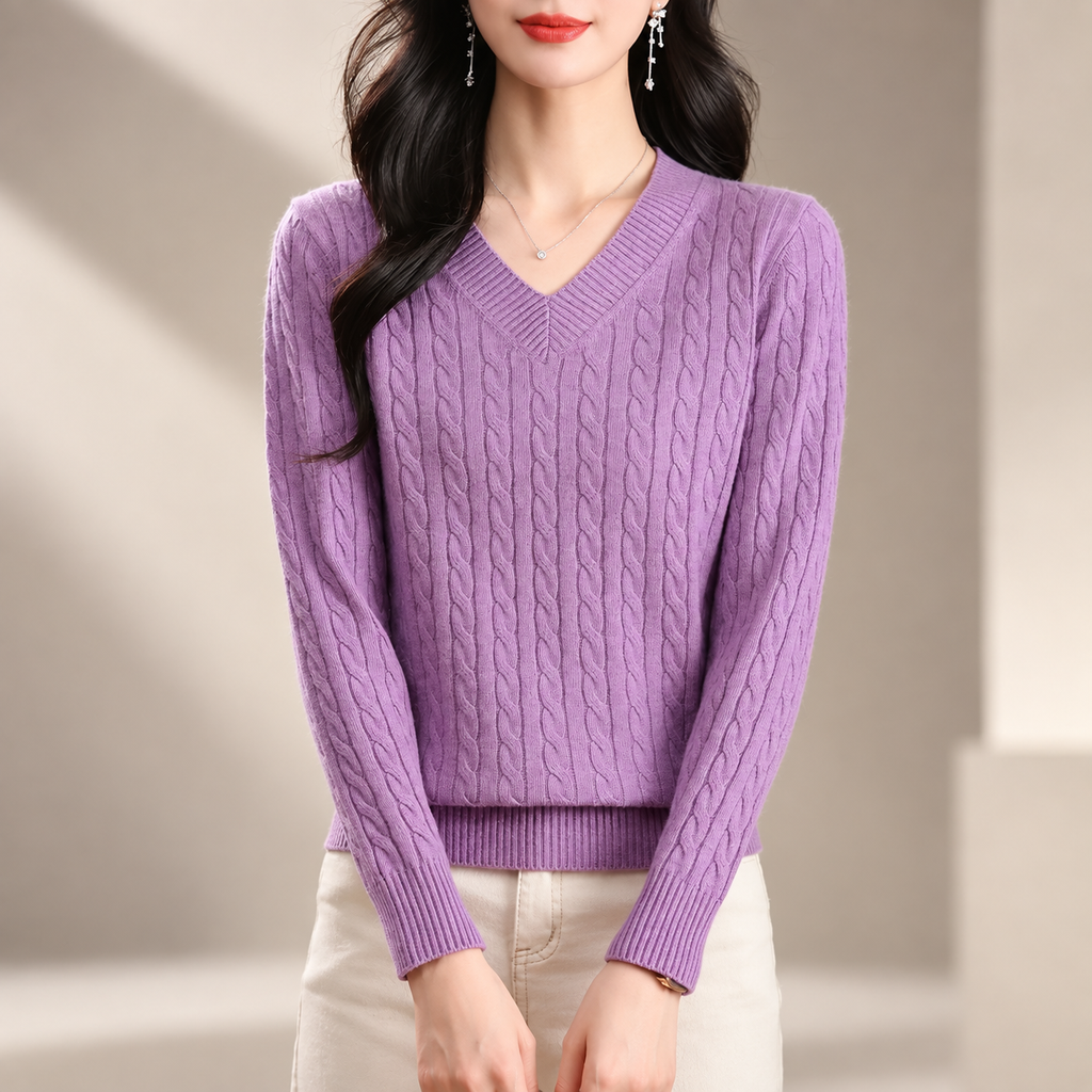 Valentina Women's Cable Knit V-Neck Sweater with Ribbed Trim