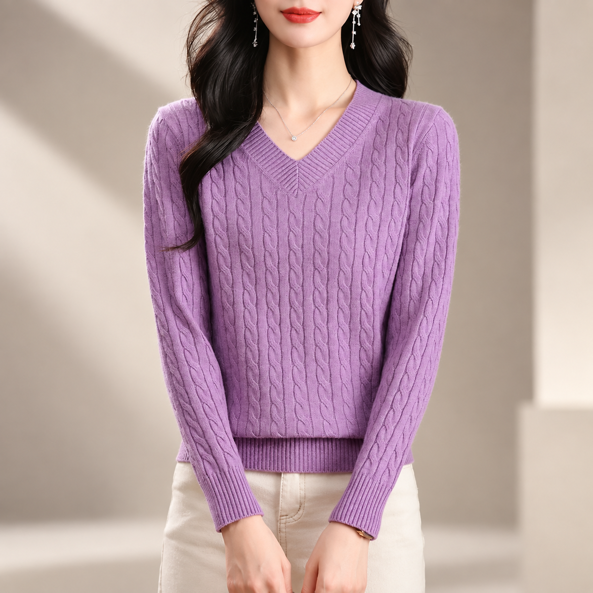 Valentina Women's Cable Knit V-Neck Sweater with Ribbed Trim
