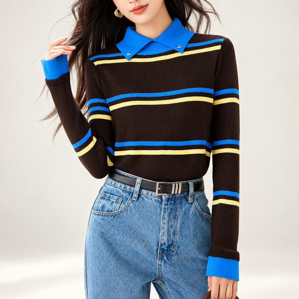 Elena Striped Ribbed Knit Polo Sweater