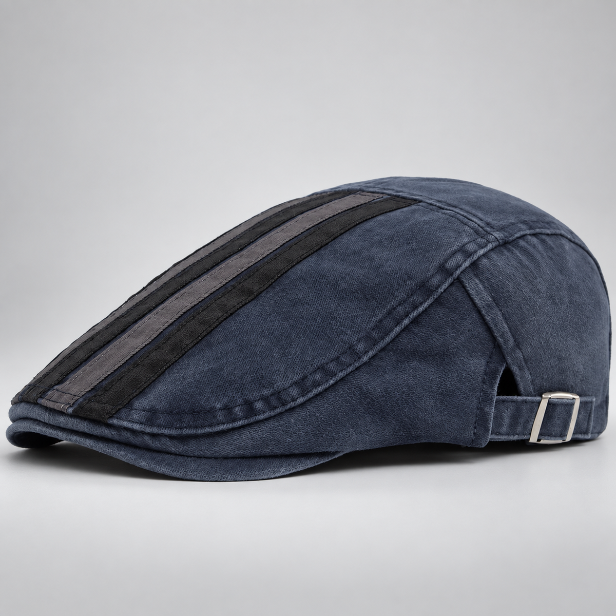 Alistair Washed Stripe Flat Cap with Adjustable Buckle