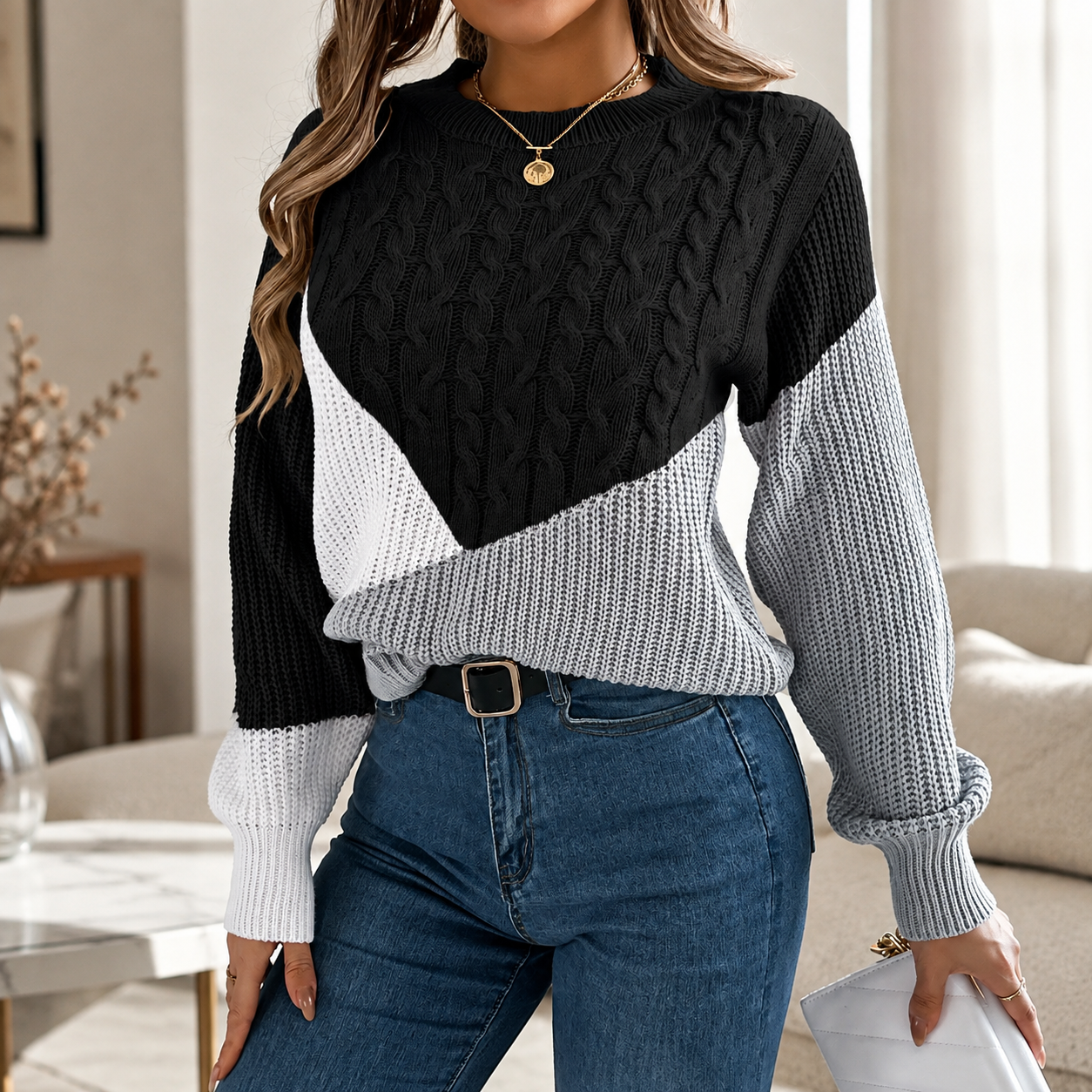 Camille Women’s Color Block Cable Knit Crew Neck Sweater