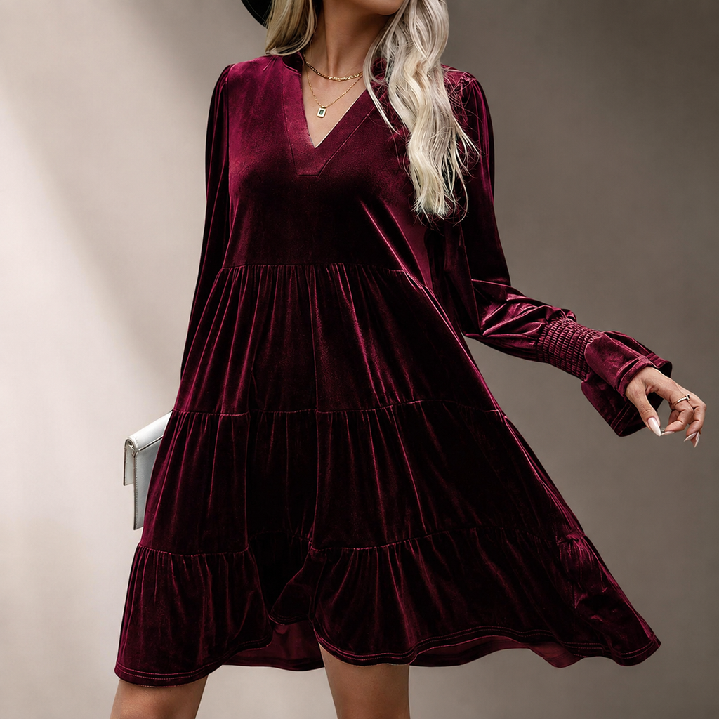 Rosalie Velvet Tiered Mini Dress – Long Sleeve V-Neck Dress with Smocked Cuffs