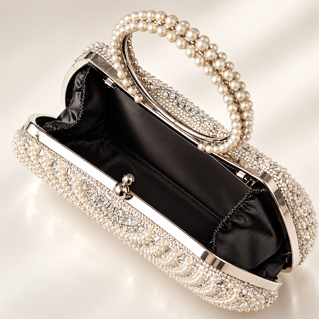 Camille Pearl Beaded Ring Handle Evening Clutch Bag