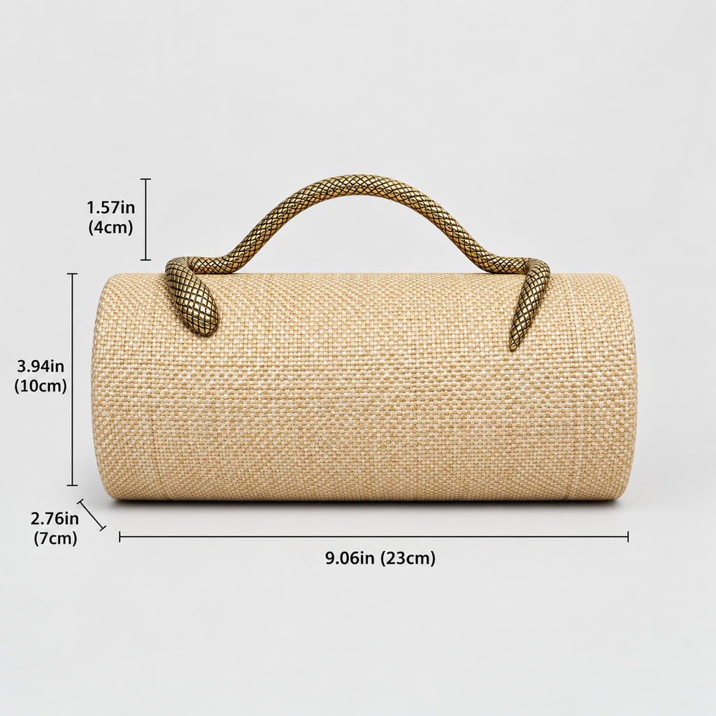 Elodie Women’s Woven Cylinder Clutch with Sculpted Snake Handle