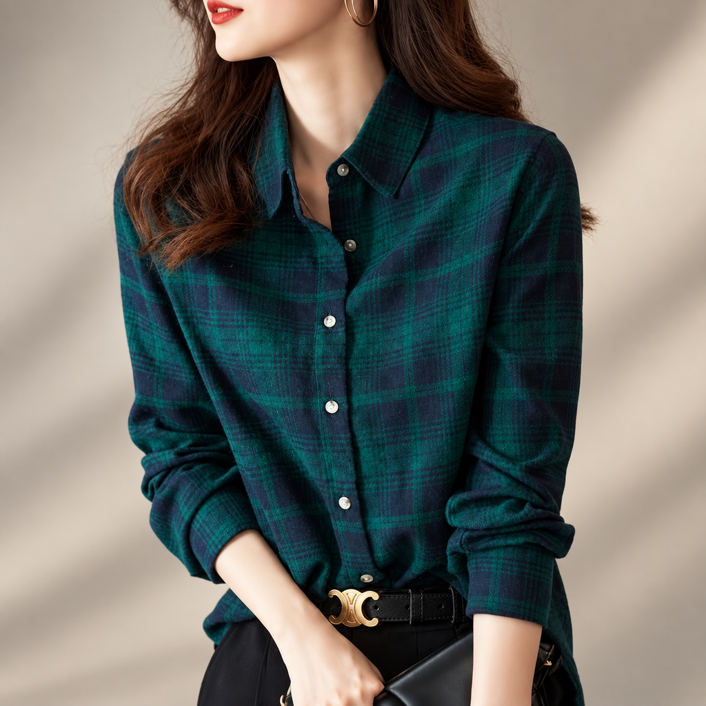 Cecilia Women's Green Plaid Button-Front Long Sleeve Shirt