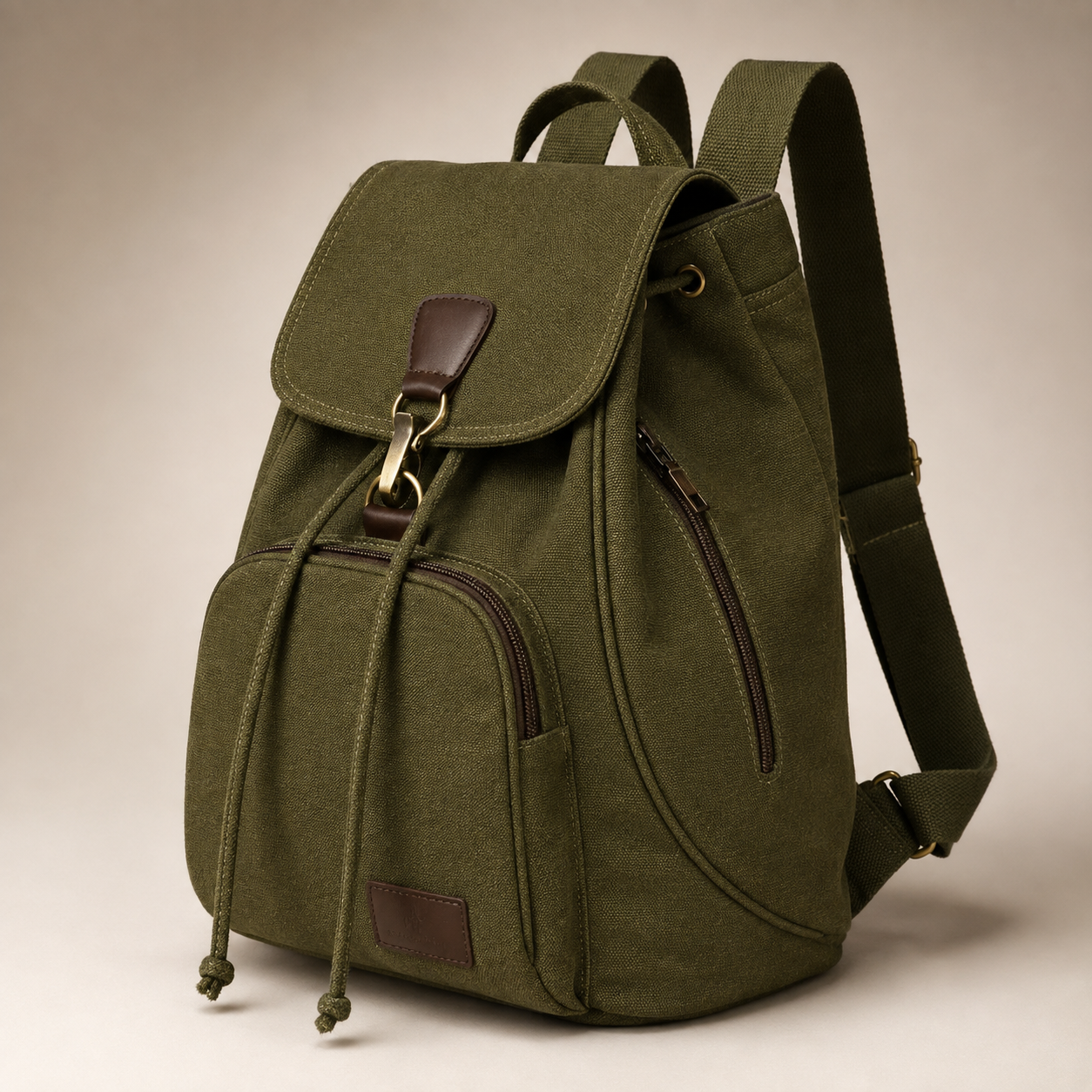 Marlowe Canvas Backpack – Drawstring Flap Rucksack with Front & Side Zip Pockets