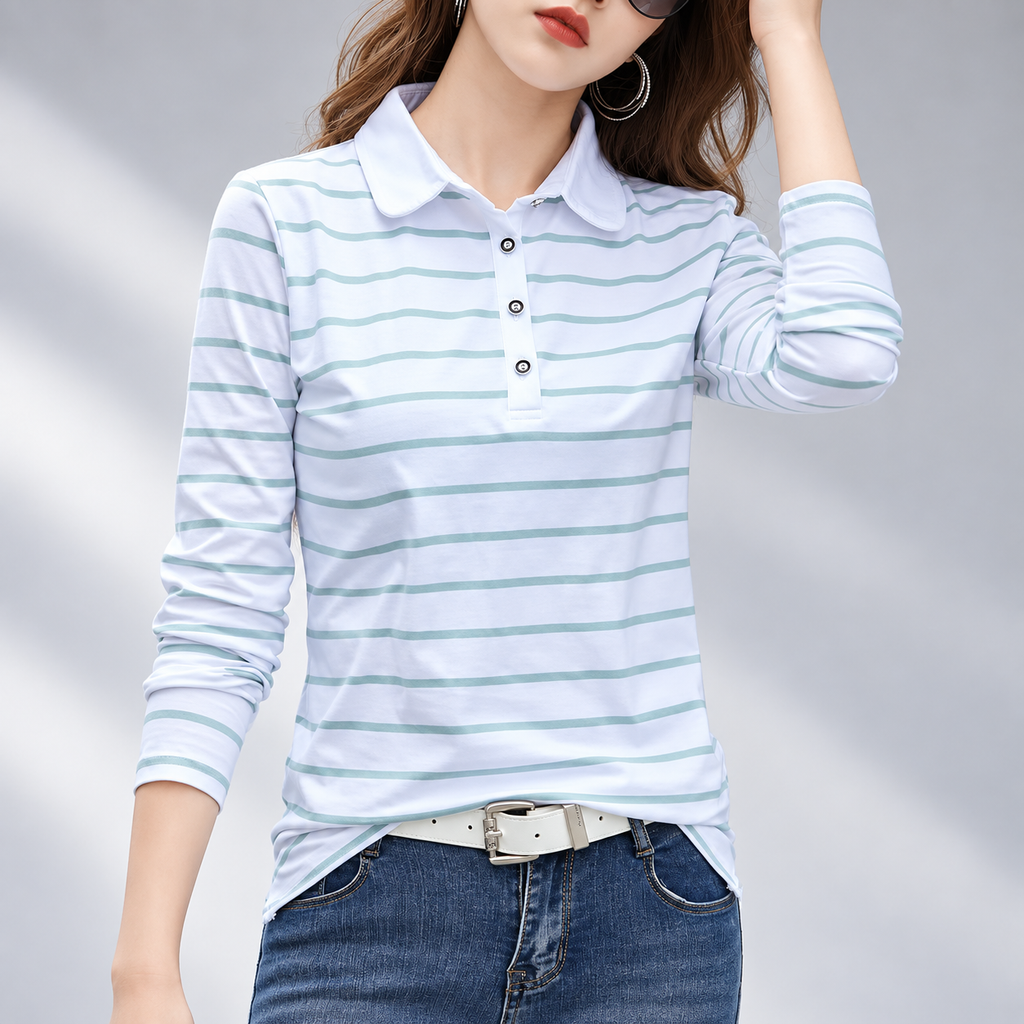 Camille Women’s Long Sleeve Striped Polo Shirt