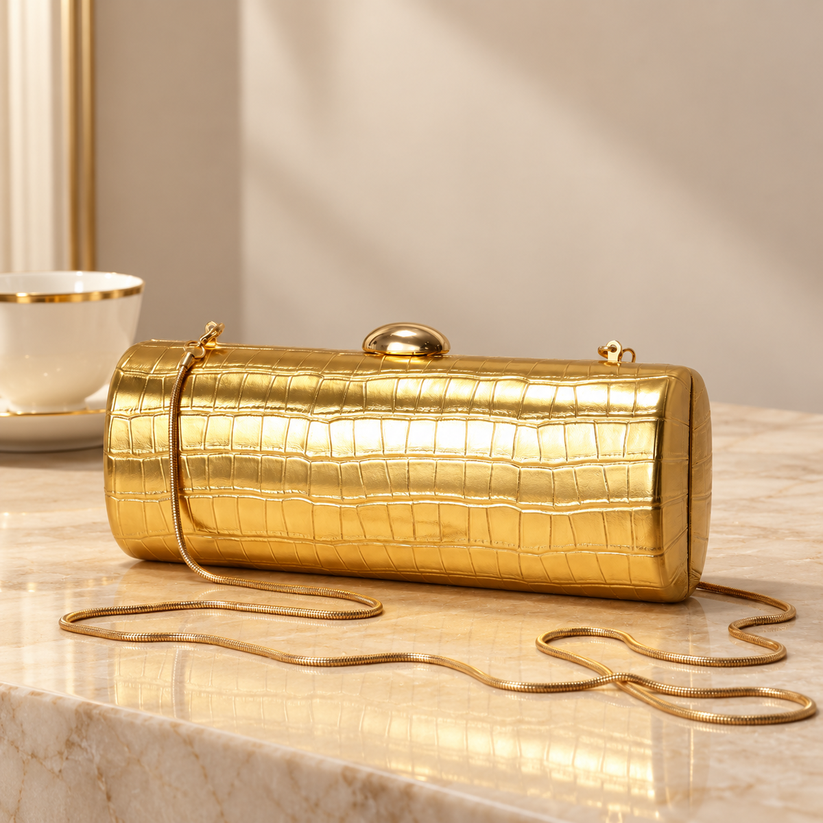 Lucienne Croc-Embossed Metallic Clutch Bag with Chain Strap