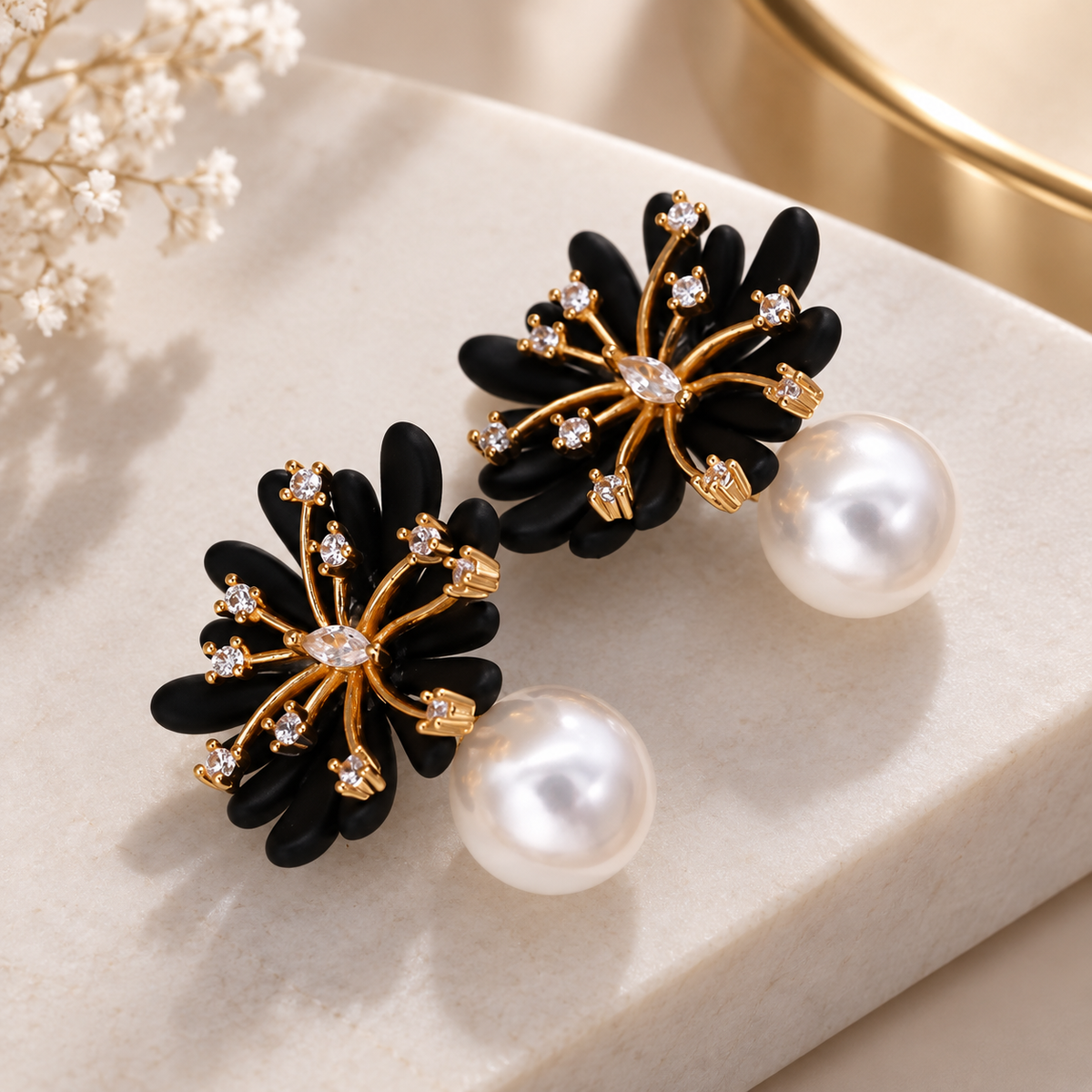 Camille Floral Pearl Drop Stud Earrings – Crystal Accent Flower Statement Earrings