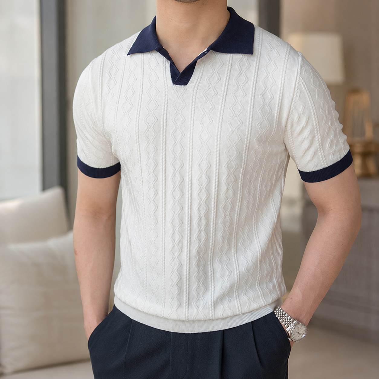 Étienne Men's Textured Knit Short Sleeve Polo Shirt