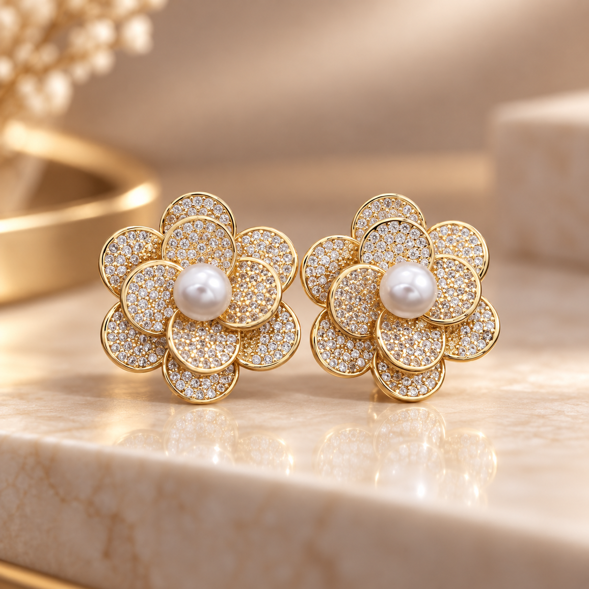 Elodie Crystal Flower Pearl Stud Earrings – Gold Tone Floral Statement Earrings