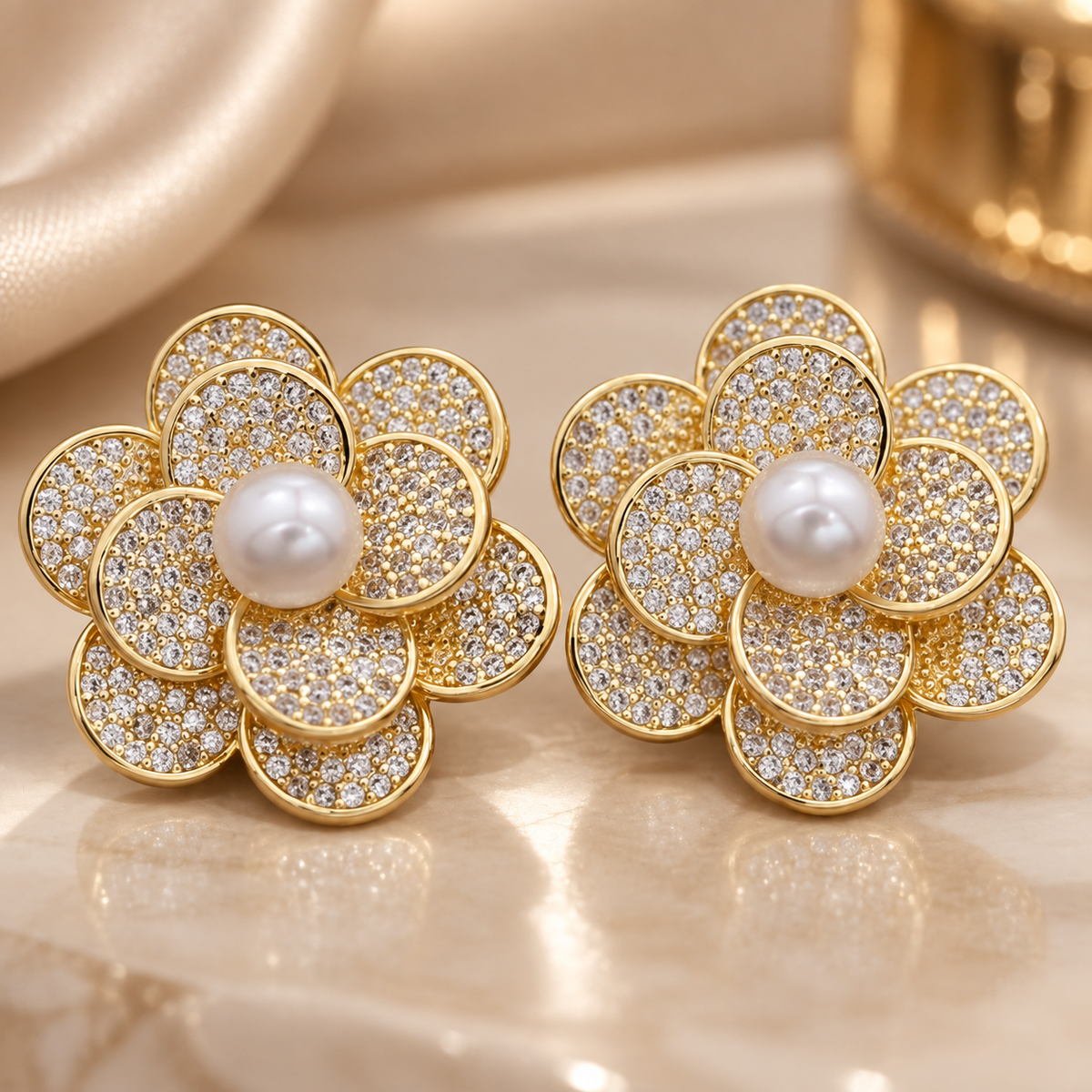 Elodie Crystal Flower Pearl Stud Earrings – Gold Tone Floral Statement Earrings