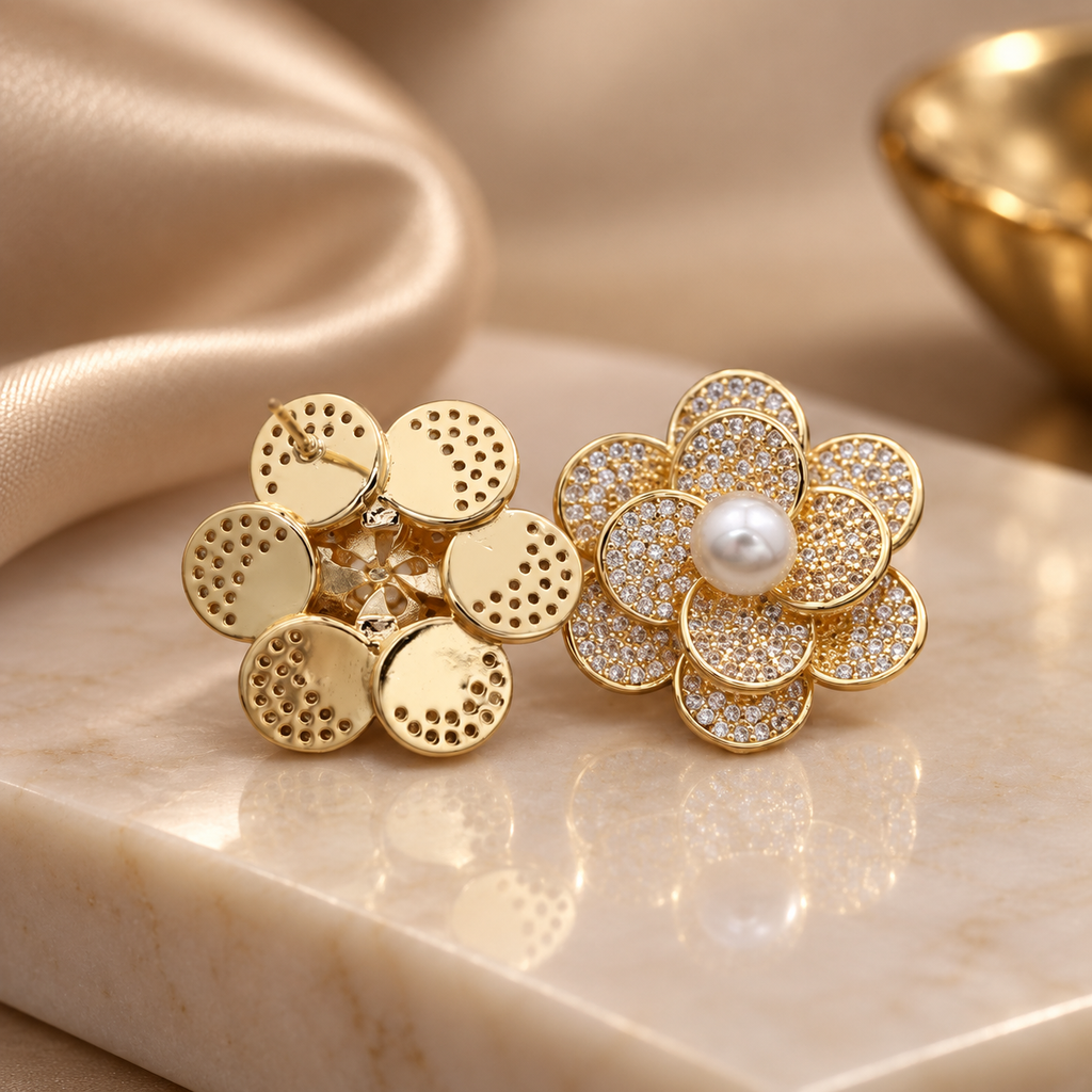 Elodie Crystal Flower Pearl Stud Earrings – Gold Tone Floral Statement Earrings