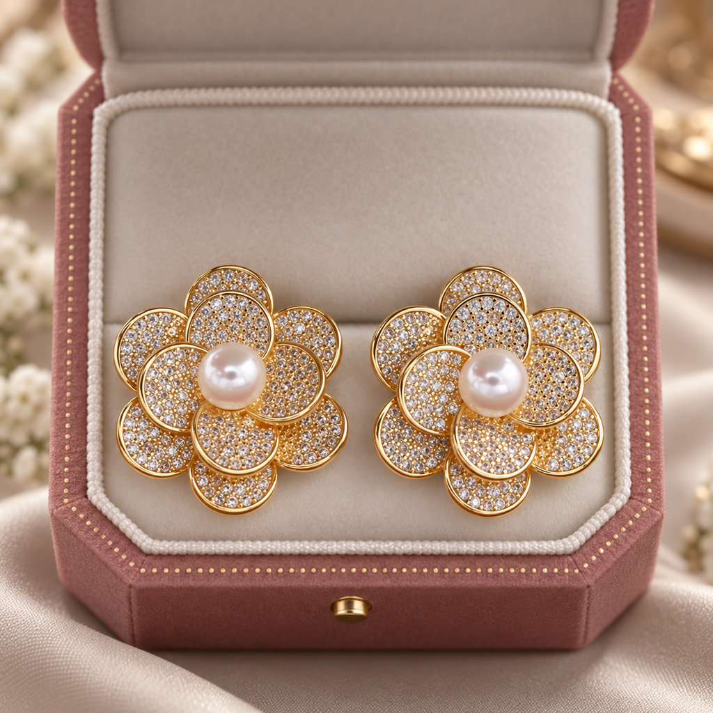 Elodie Crystal Flower Pearl Stud Earrings – Gold Tone Floral Statement Earrings