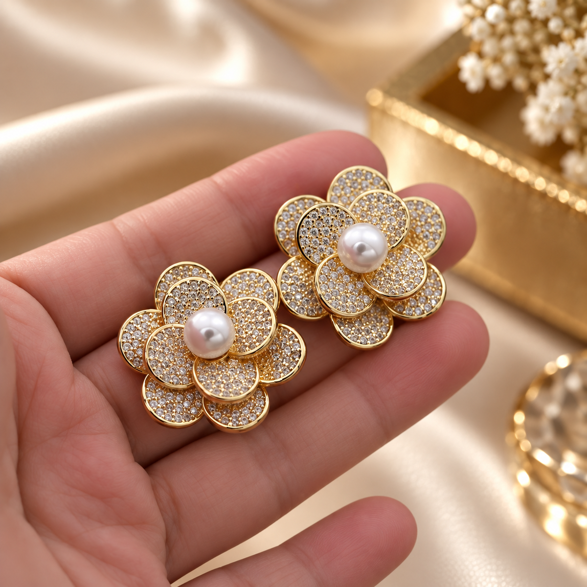 Elodie Crystal Flower Pearl Stud Earrings – Gold Tone Floral Statement Earrings